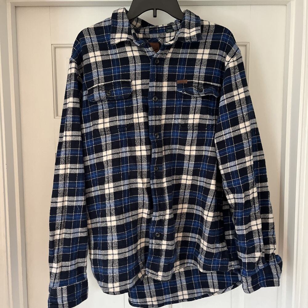 Orvis Mens Flannel Jacket Size XL Shirt Jacket Blue Plaid Heavyweight Outdoor